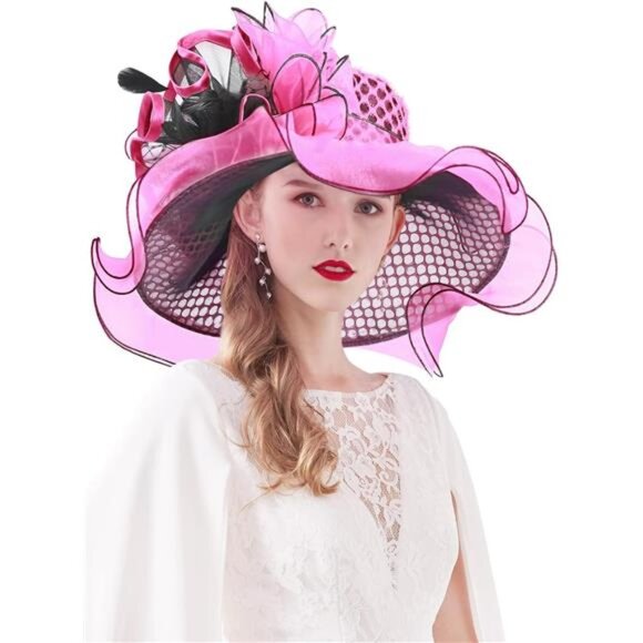 Women Hat Wide Brim Tea Party Fascinator Pink4